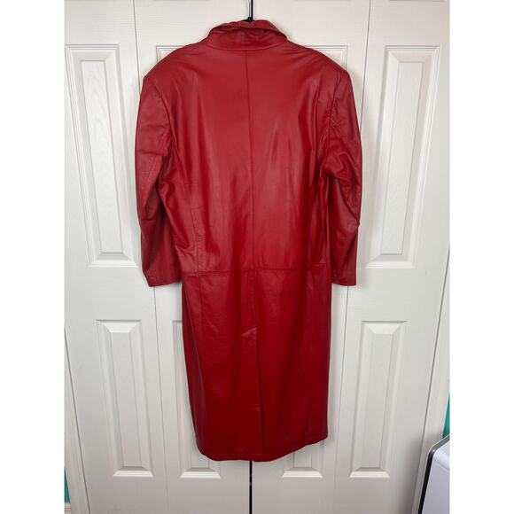 G-III Medium Red Leather Oversized 80s Shoulder Pad Button Closure Long Jacket - Picture 11 of 11
